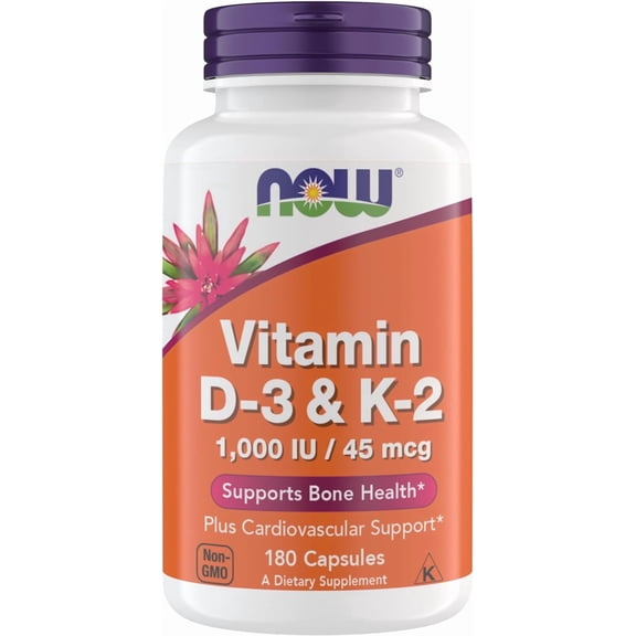 Now Supplements Vitamin D3 K2, 1,000 IU/45 mcg, Cardiovascular Support, Supports Bone Health, 180 Capsules - Gluten Free, Kosher Vitamin D3 and K2 Supplements