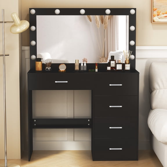 Teousev Vanity Set with Mirror and Adjustable Lights, Makeup Desk with 5 Drawers for Girls & Women, Black