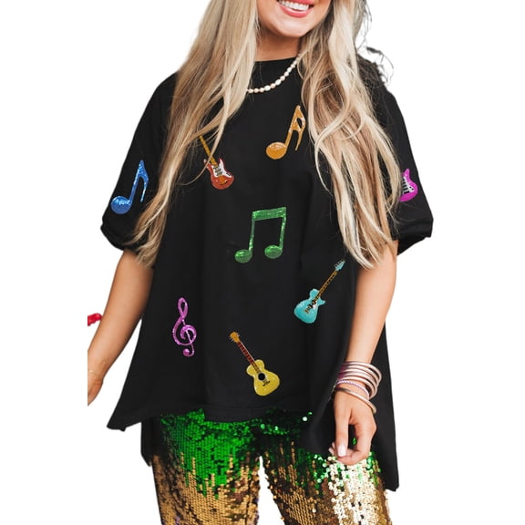Women's Black Oversized Graphic Tee with Guitar Music Notes Patch | [ZhiHiMeRi] | (US 12-14)L