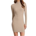 thumbnail image 2 of Blczomt Mini Womens Dresses Beige Plain Long Sleeve Party Bodycon Formal Mock Neck Dressy Dress, 2 of 9