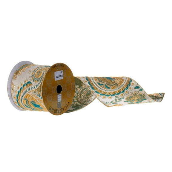 4"X10Y Gold/Teal Paisley Ribbon