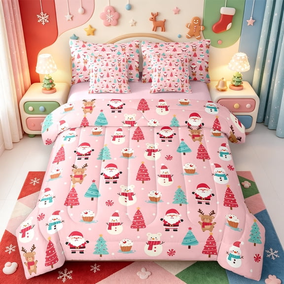 Manfei Vintage Christmas Santa Claus 7-Piece Twin Bedding,Western Xmas Festive Bedding Comforter Set,Pink Reversible