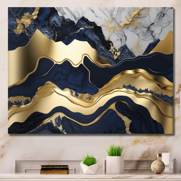Designart "Blue And Gold Mesmerizing Marble Abstraction I" Abstract Marble Canvas Art Print