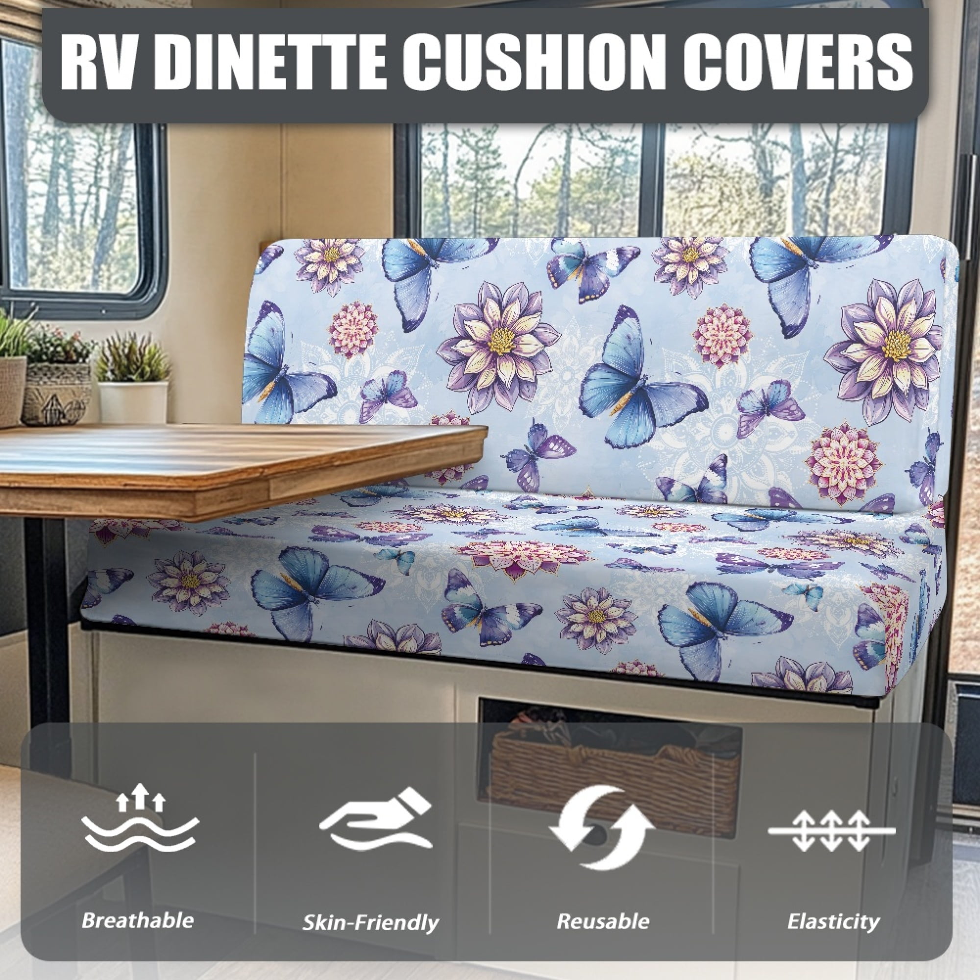FOR U DESIGNS Boho Mandala Butterfly Blue Print RV Dinette Cushion Covers 2 Pcs Comfortable Camper Cushion Slipcover Stretchable Loveseat Sofa Chair Cover Furniture Protector for RV Camper Car Bench