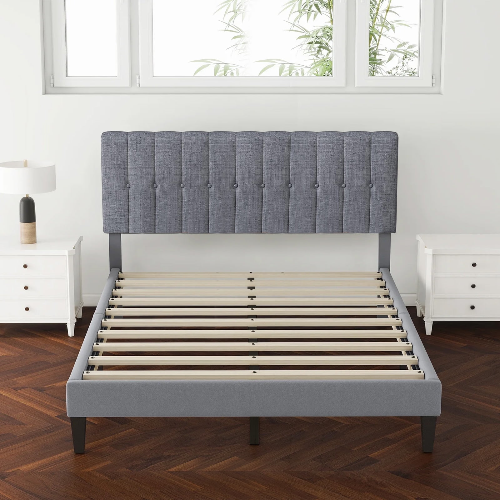 Queen Bed Frames with Headboard, Upholstered Platform Bed with Wood Slats 800 lbs Support , Noise Free, No Box Spring Needed, Gray