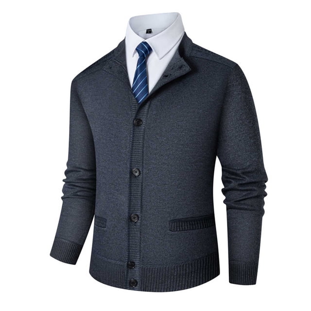 hoksml Men's Stand Collar Cardigan Sweater Solid Color Thick Knit Button Front Long Sleeve Coat Ribbed Cuffs and Hem