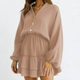 thumbnail image 2 of qolati Women's Mini Dresses 2023 Fall Lantern Sleeve V Neck Button Up A-Line Dress Fashion Layered Ruffle Hem High Waist Party Holiday Dress, 2 of 5