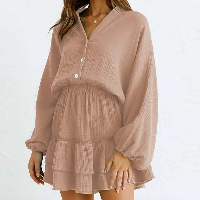 Fankiway Clearance Long Sleeve Dresses Women'S Long Sleeved Lantern Sleeve V-Neck Button Ruffle Layered Color Mini Dress Womens Dresses Plus Size Clearance