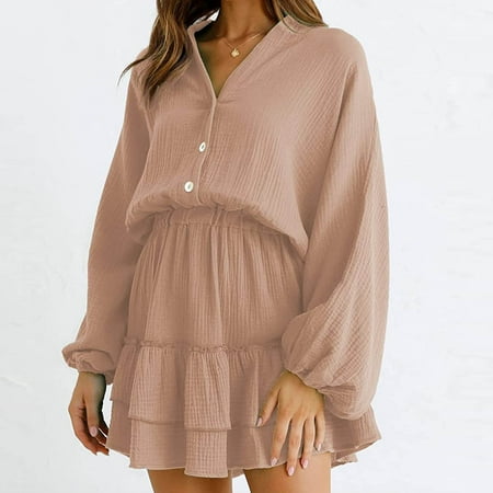 YEAHITCH Long Formal Dress For Women V-Neck Women Dress Shoes Clearance Under $10 Long Sleeve Pullover Solid Dress Summer Khaki