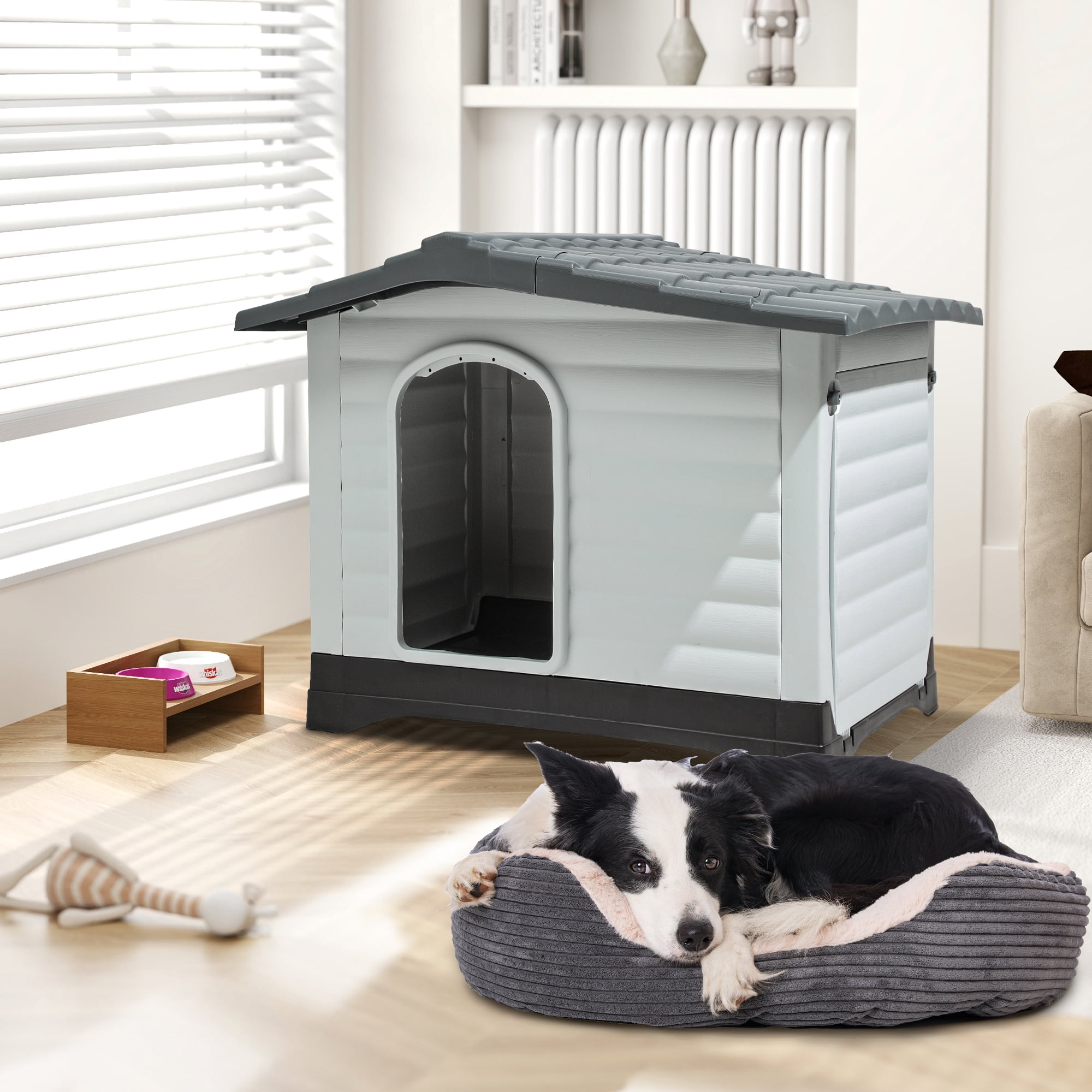 Dextrus Large Plastic Dog House,Outdoor Waterproof Double Door Dog Houses with Elevated Base and Porch & Cushion,Durable Ventilate & Easy Clean and Assemble,36"L*27.1"W*26"H,Gray
