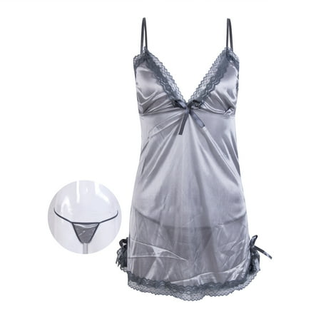 Luiryare Womens Lingerie Silk Robe Dress Babydoll Nightdress Nightgown Sleepwear Dress G string