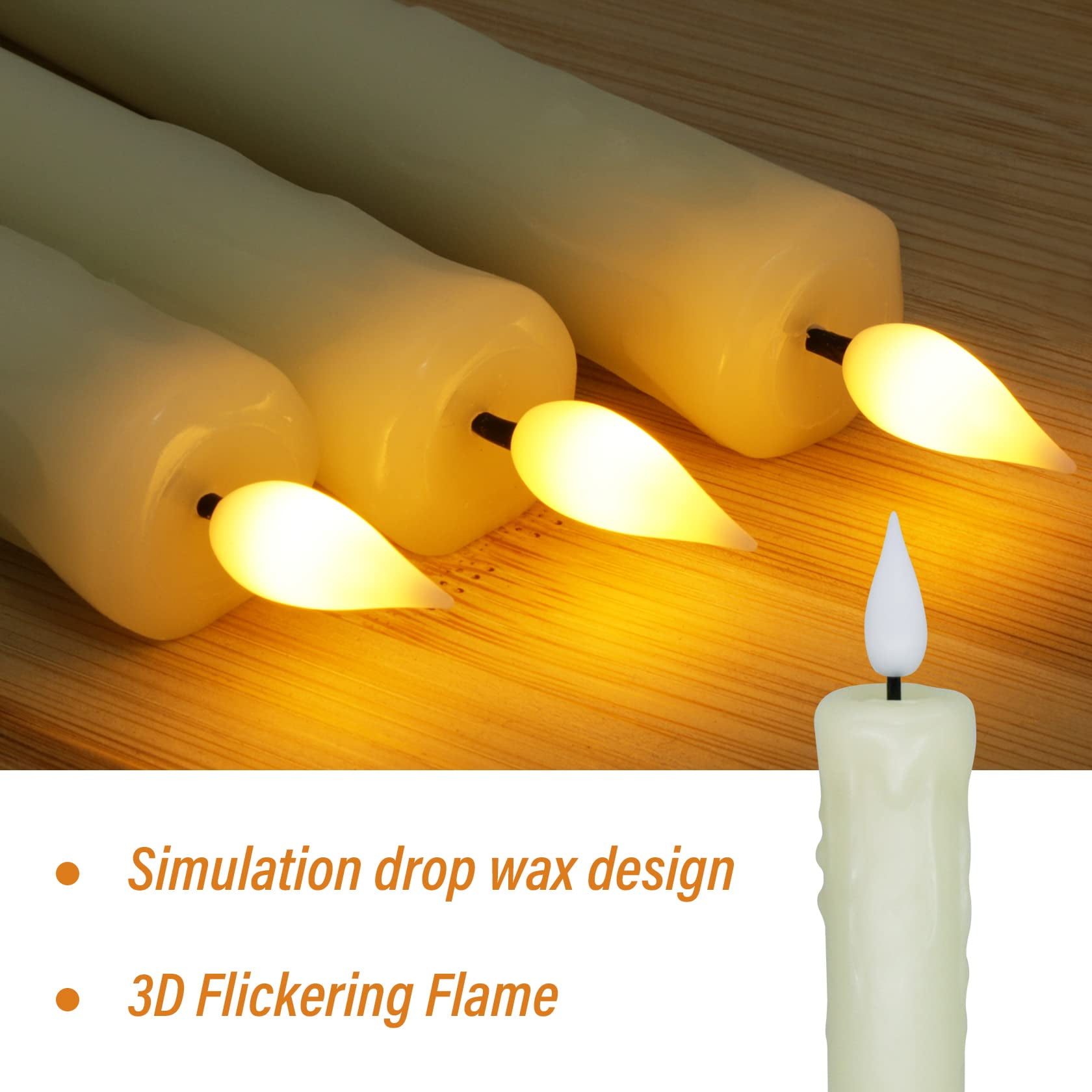 PChero Real Wax LED Flameless Taper Candles with Remote Timer, 6.4inch Battery Operated Taper Candles, LED Fake Drip Electric Candlesticks with 3D Flickering Flame for Party Home Decor, Ivory