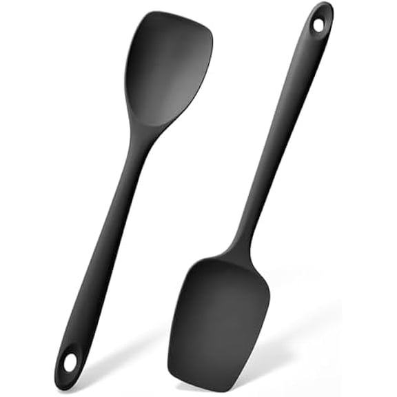 Silicone Spoon Spatula Set of 2, 600ºF Heat-Resistant High Quality Rubber Spoonula with Seamless Design, Non-Stick Dishwasher reliable Kitchen Utensils for Cooking, Baking, Mixing, Scraping (Black)