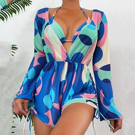 BONIXOOM Women s 3 Piece Swimsuit Fashion Print Drawstring Side Bikini Set With Cover Up