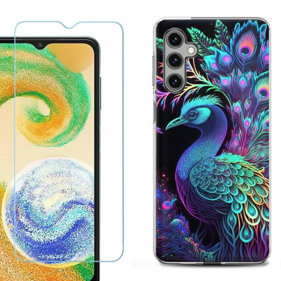 OneToughShield ® for Samsung Galaxy A14 5G Phone Case, with Tempered Glass Screen Protector, Fashion Cover Case - Neon Peacock