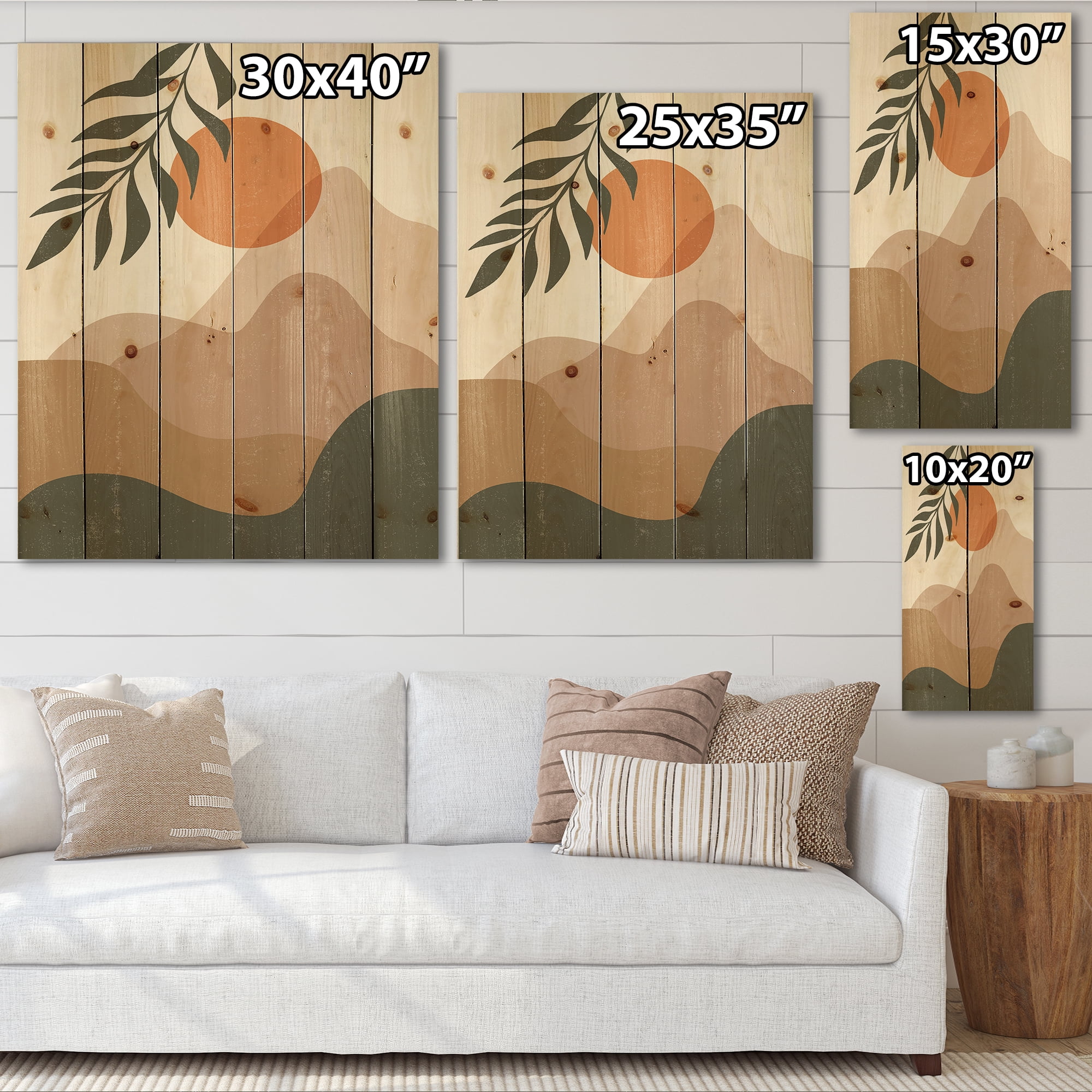 Designart 'Abstract Earth Toned Mountains With Red Moon I' Modern Print on Natural Pine Wood