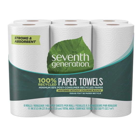 Toallas de papel de séptima generación, 100% recicladas, 2 capas, 6 rollos