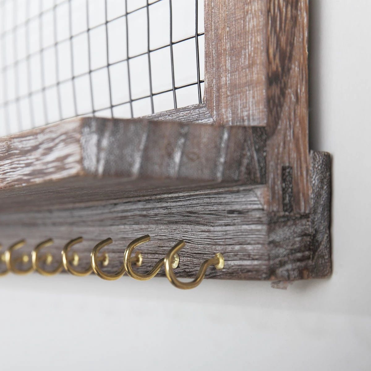 Wall Mounted Wooden Holder Hanging Jewelry Organizer with a Removable Bar, a Shelf and 15 Hooks, Rustic Brown