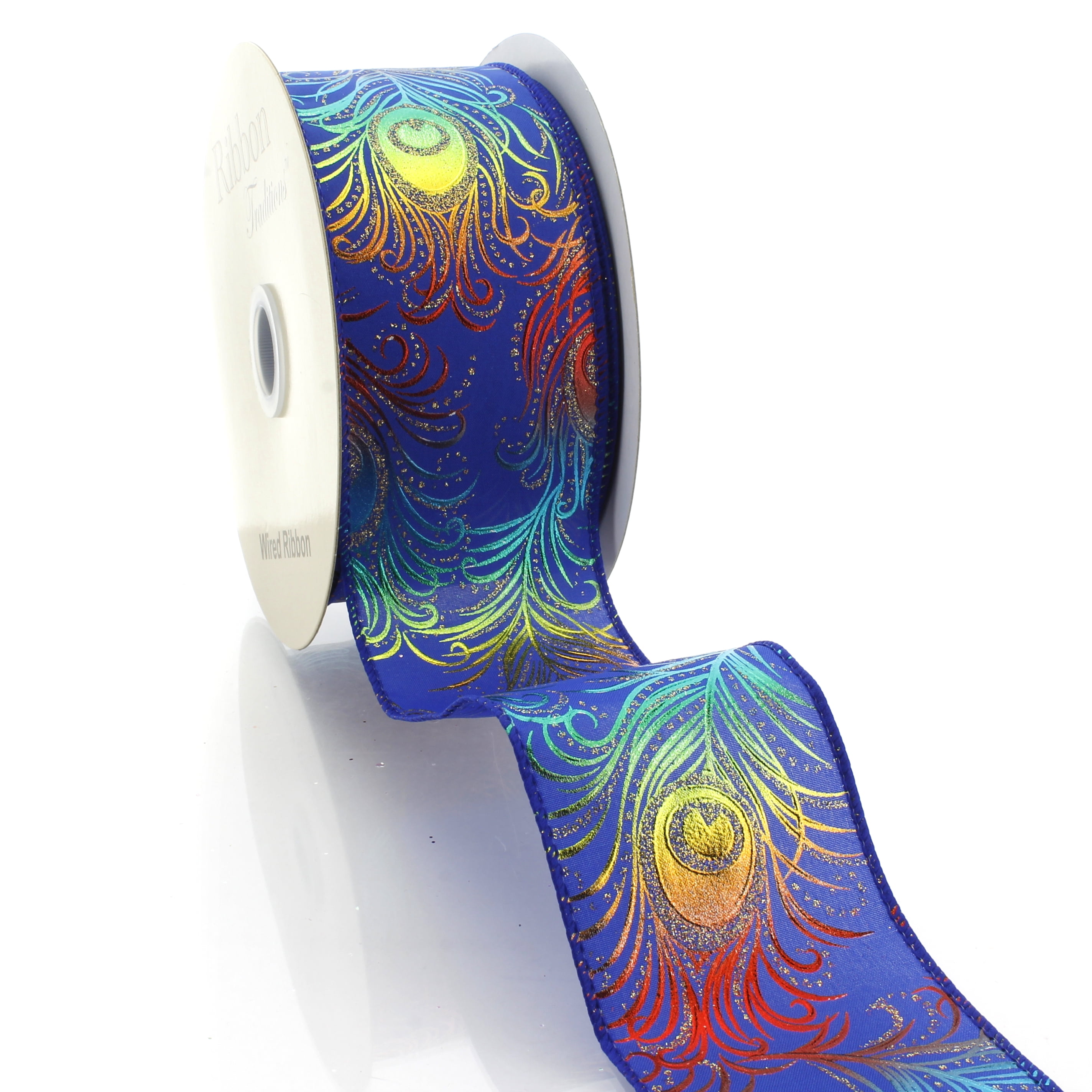 Ribbon Traditions Shimmer Peacock Plume Wired Ribbon 2 1/2" by 25 Yards - Blue Rainbow