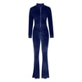 thumbnail image 6 of Lovskoo 2 Piece Outfits Velour Tracksuit for Women Zip Up Hoodie Velvet Crop Jacket and Bell Bottoms Long Pants Jogging Sweatsuit Workout Sets Dark Blue, 6 of 6