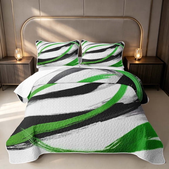 Erosebridal Geometric Stripe Twin Quilt Set, Green Black White Twin Coverlet Set, Reversible 2pcs 1 Bedspread and 1 Pillowcase