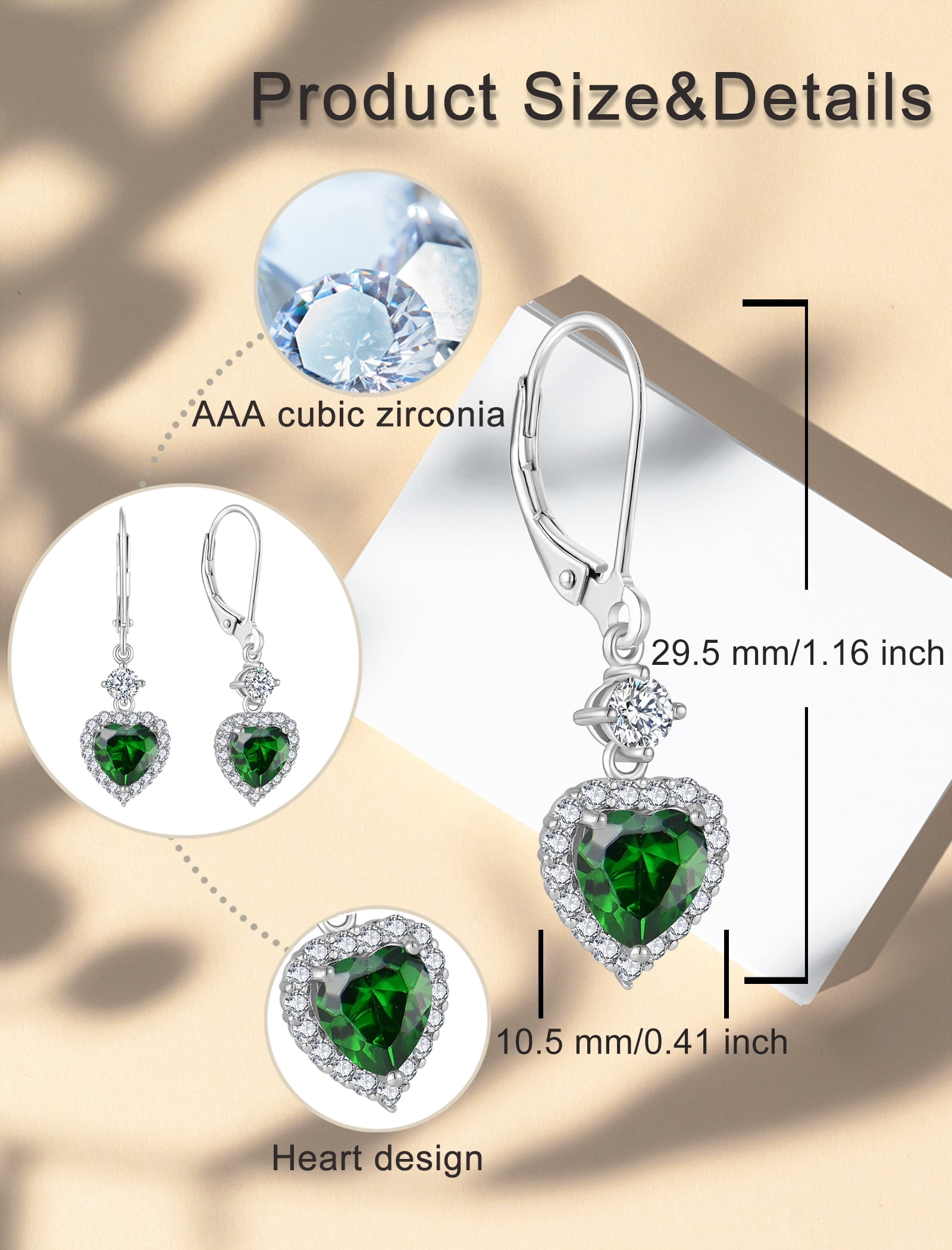 PYNZY 925 Sterling Silver Earrings with 7x7MM Heart Created Emerald Birthstones, Dangle Drop Earrings with Leverback for Women Jewelry Gifts