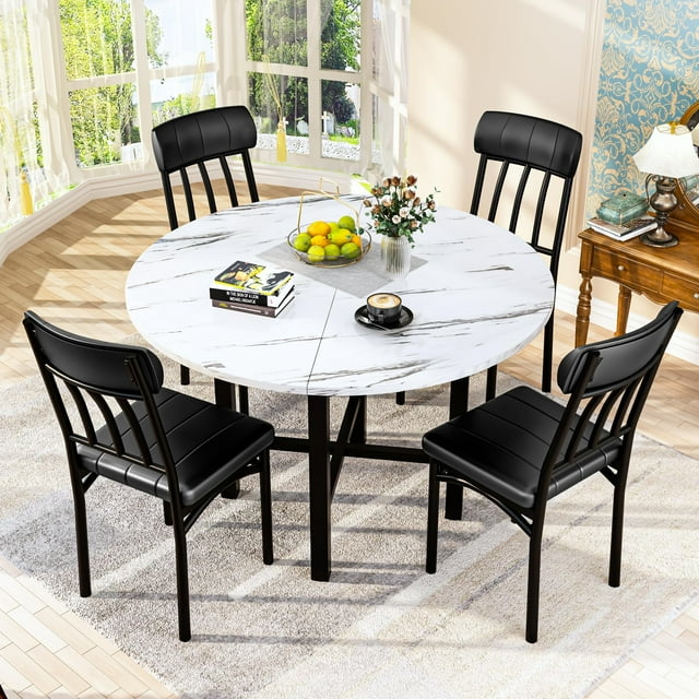 Furlinkhm Ensemble de Table à Manger Ronde pour 4, Ensemble de Table à Manger Ronde en Faux Marbre avec Chaises, Ensemble de Table et Chaises de Cuisine Moderne pour 4, Ensemble de Table à Dîner et Chaises pour Petit Espace, Blanc