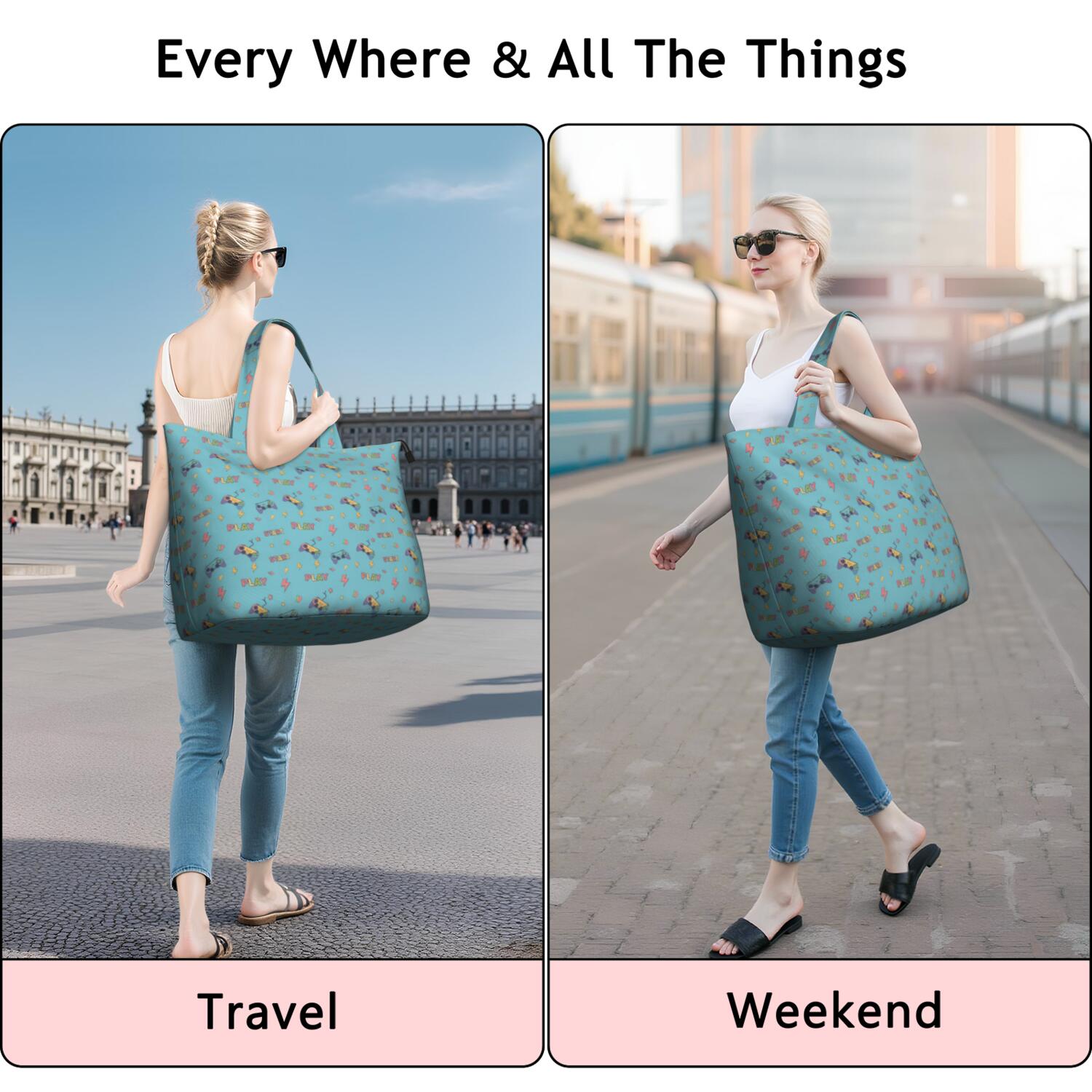 Colorful Games Controller Blue Pattern Travel Tote Bags for Women Carry On,Large Weekender Bags for Women Travel,Multi Functional Duffle Bag for Work,Shopping,Sports
