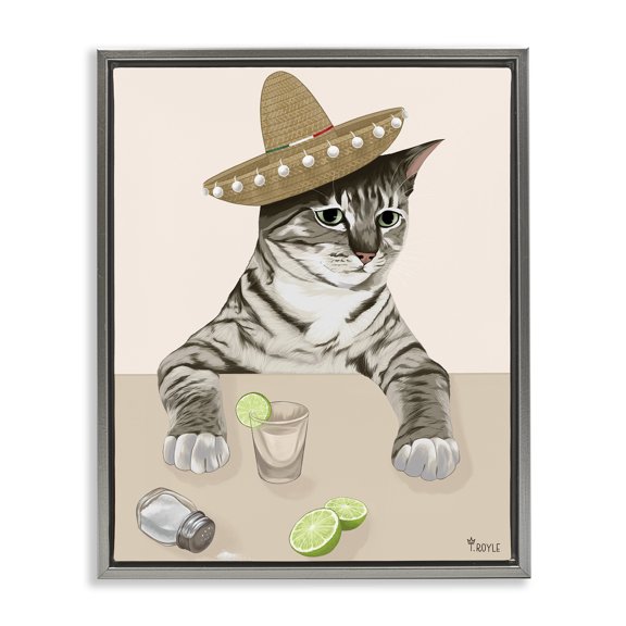 Stupell Industries Eclectic Sombrero Cat & Cocktail Gray Floating Frame Canvas Art, 25 x 31, by Tara Royle