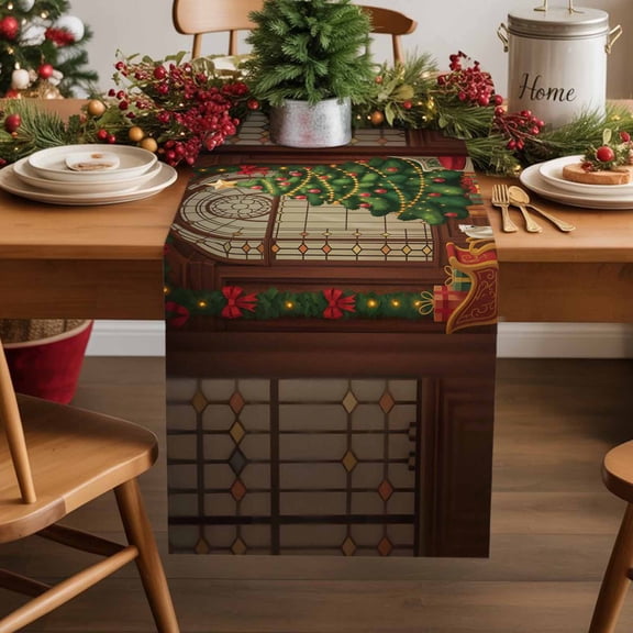 Burlap Table Runner 36 Inches Long,Vintage Ambiance Old Window Xmas Tree Non-Slip Kitchen Table Runners for Dining Room Everyday Use Party Table Decorations Brown Green