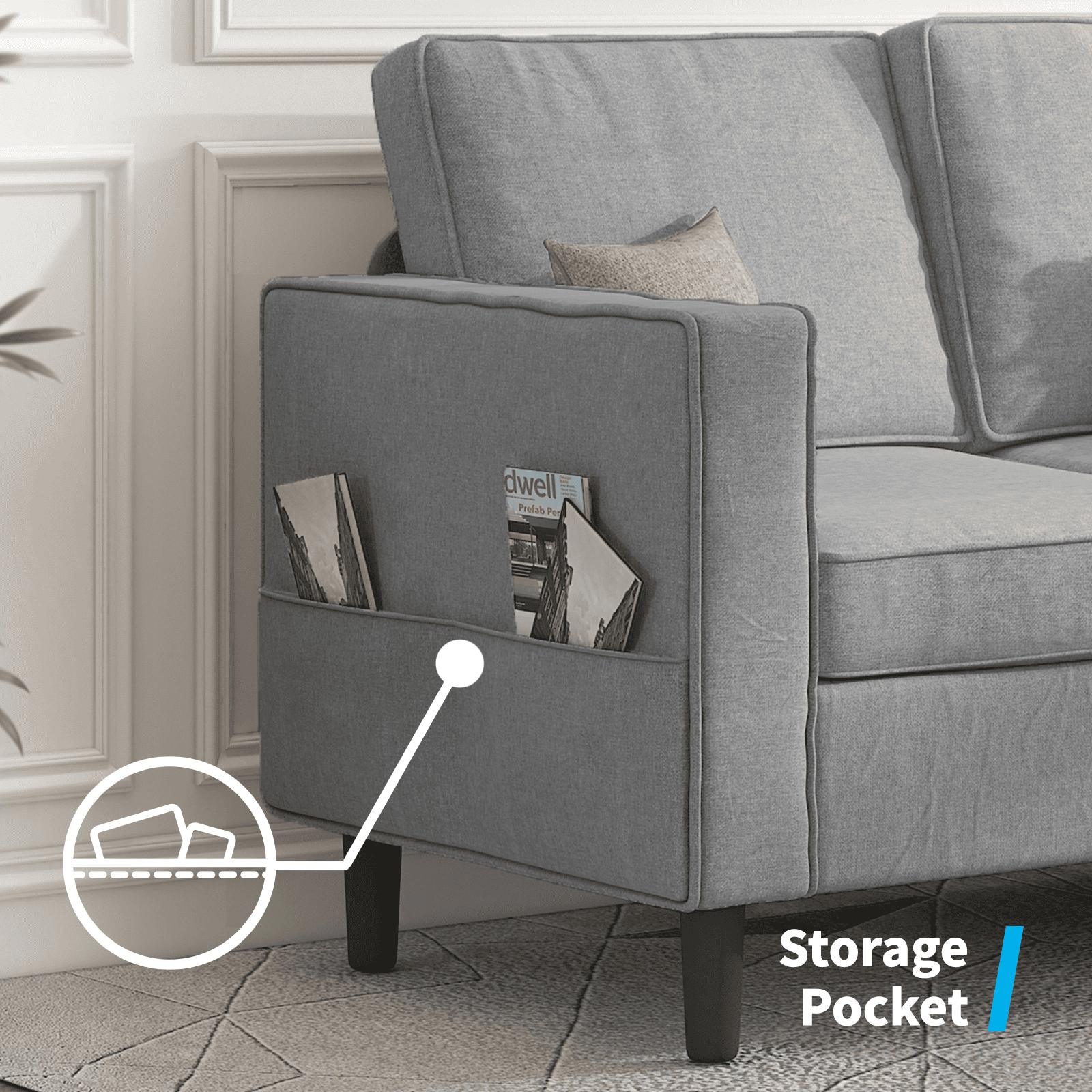 Mjkone Convertible Sectional Sofa Couch with Storage Ottoman, 3 Pcs Couch Set with Storage Pockets, Sectional Couches for Living Room, 3-Seater + Ottoman + 1-Loveseat (Light Gray)