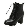 thumbnail image 4 of Womens High Heels Combat Boots 2025 Fashion Black Leather Pointed Toe Chunky Block Heeled Mid Calf Short Dress Ankle Booties Black Size 5.5, 4 of 8