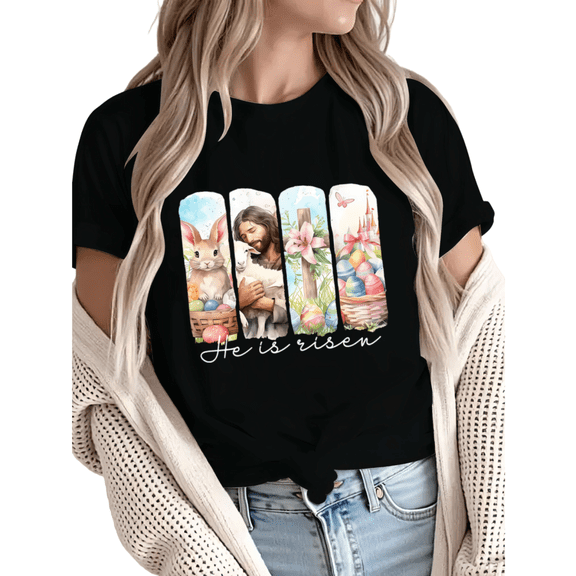 Women He Is Risen Easter Bunny Graphic Tees Cotton Crew Neck T Shirt fun Tops Black S-5XL