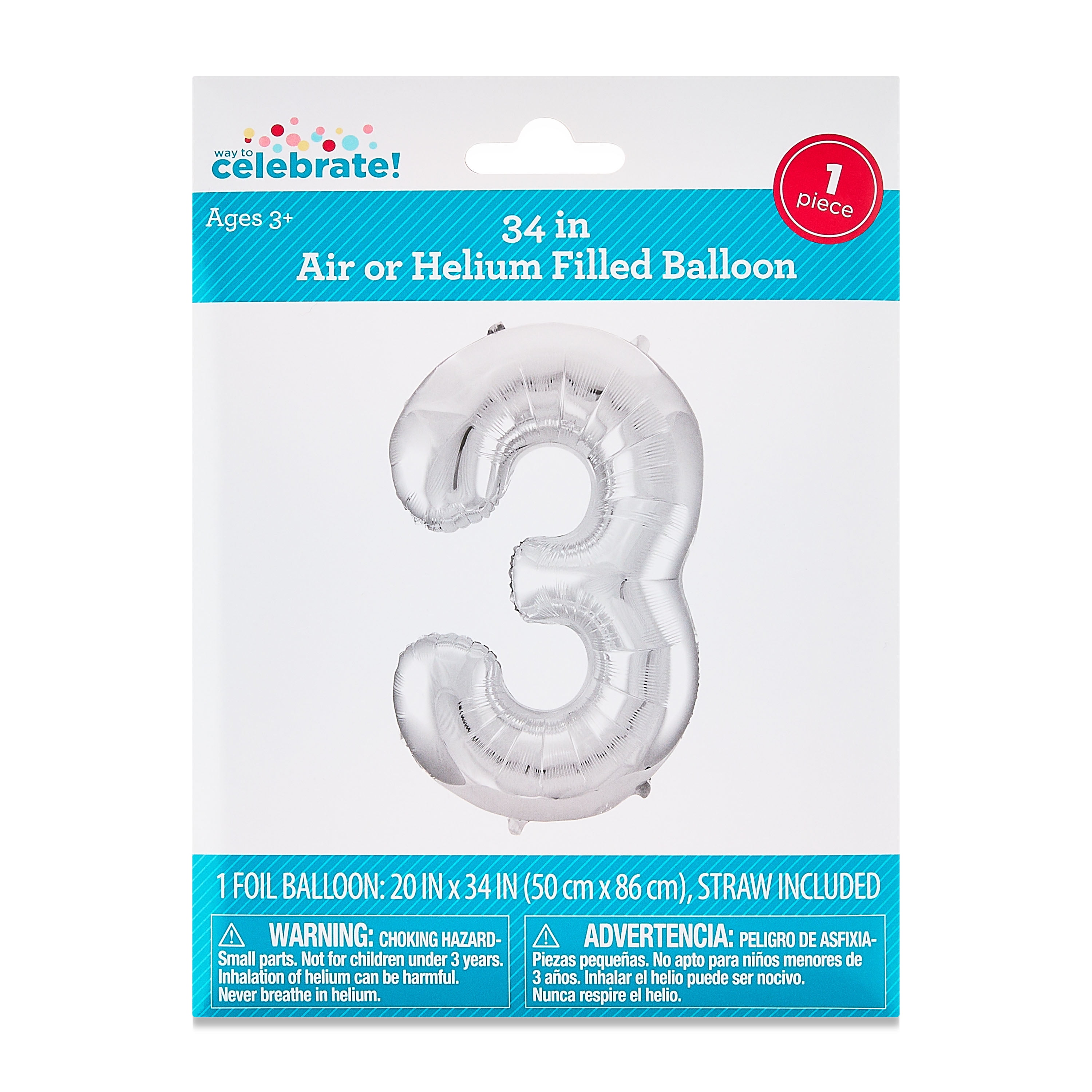 34" Silver Number 3 Foil Balloon, by Way To Celebrate