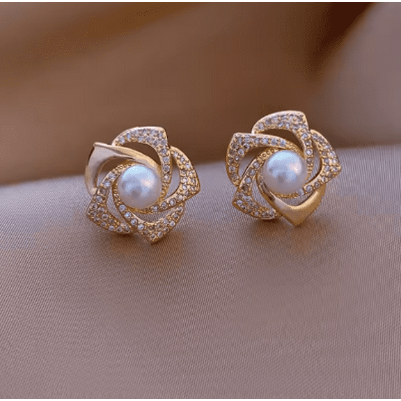Rose Stud White Pearl Earrings, Gold-toned