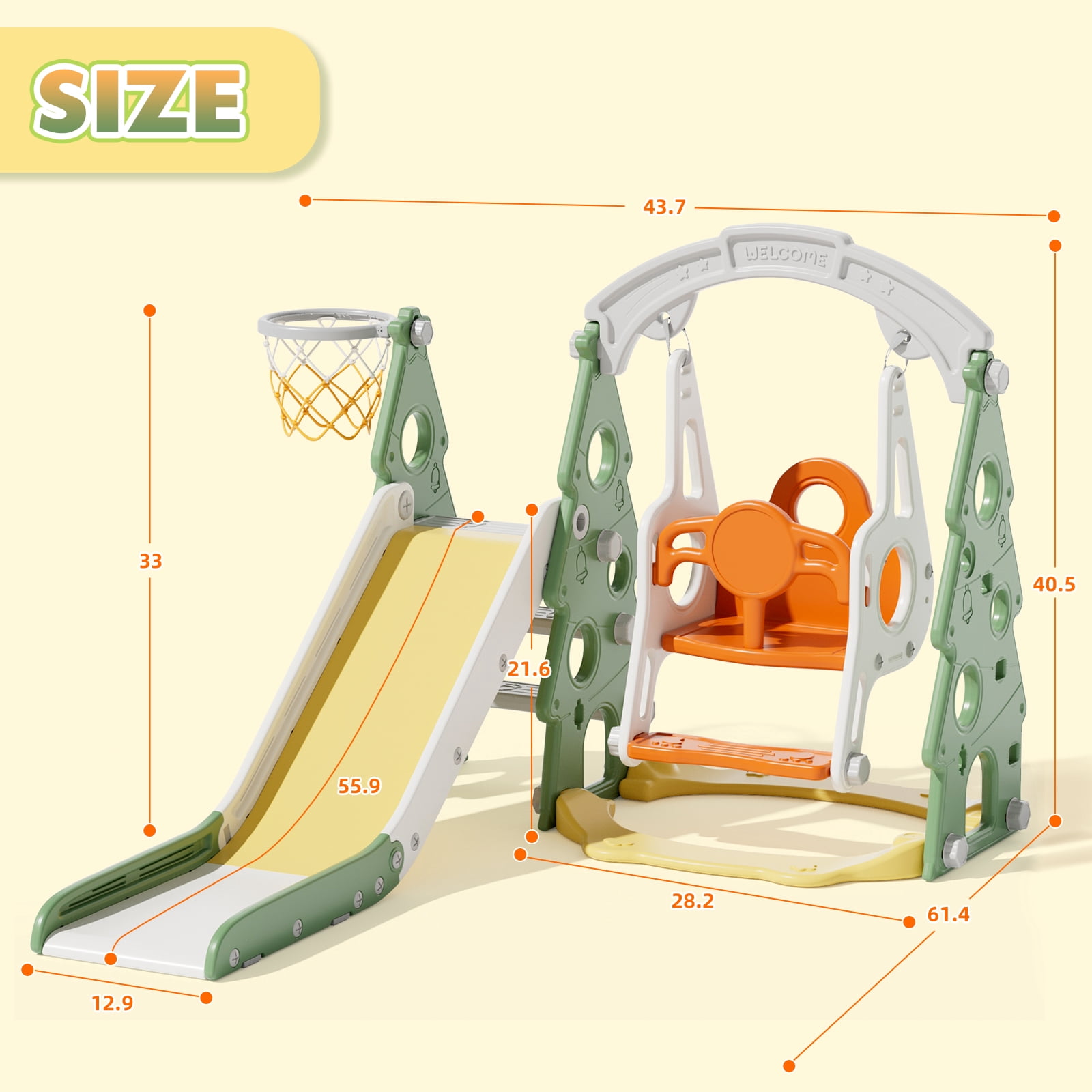 XJD 4-in-1 Toddler Slide and Swing Set, Kids Indoor Outdoor Playset with Basketball Hoop, Backyard Playground for Toddlers 1-3 Years Old, Green