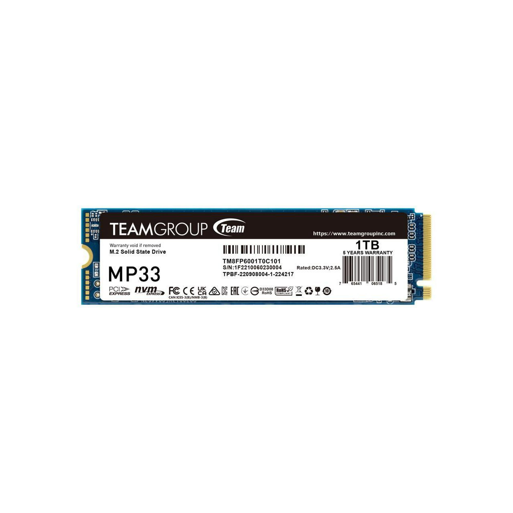 Team Group MP33 M.2 2280 1TB PCIe 3.0 x4 with NVMe 1.3 3D NAND Internal Solid State Drive (SSD) TM8FP6001T0C101