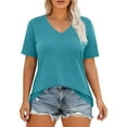 thumbnail image 2 of ZHOGXU Women's T Shirt Short Sleeve V Neck Solid Color Comfortable Breathable Loose Fit Top For Casual Daily Wear,Sky Blue,L, 2 of 6