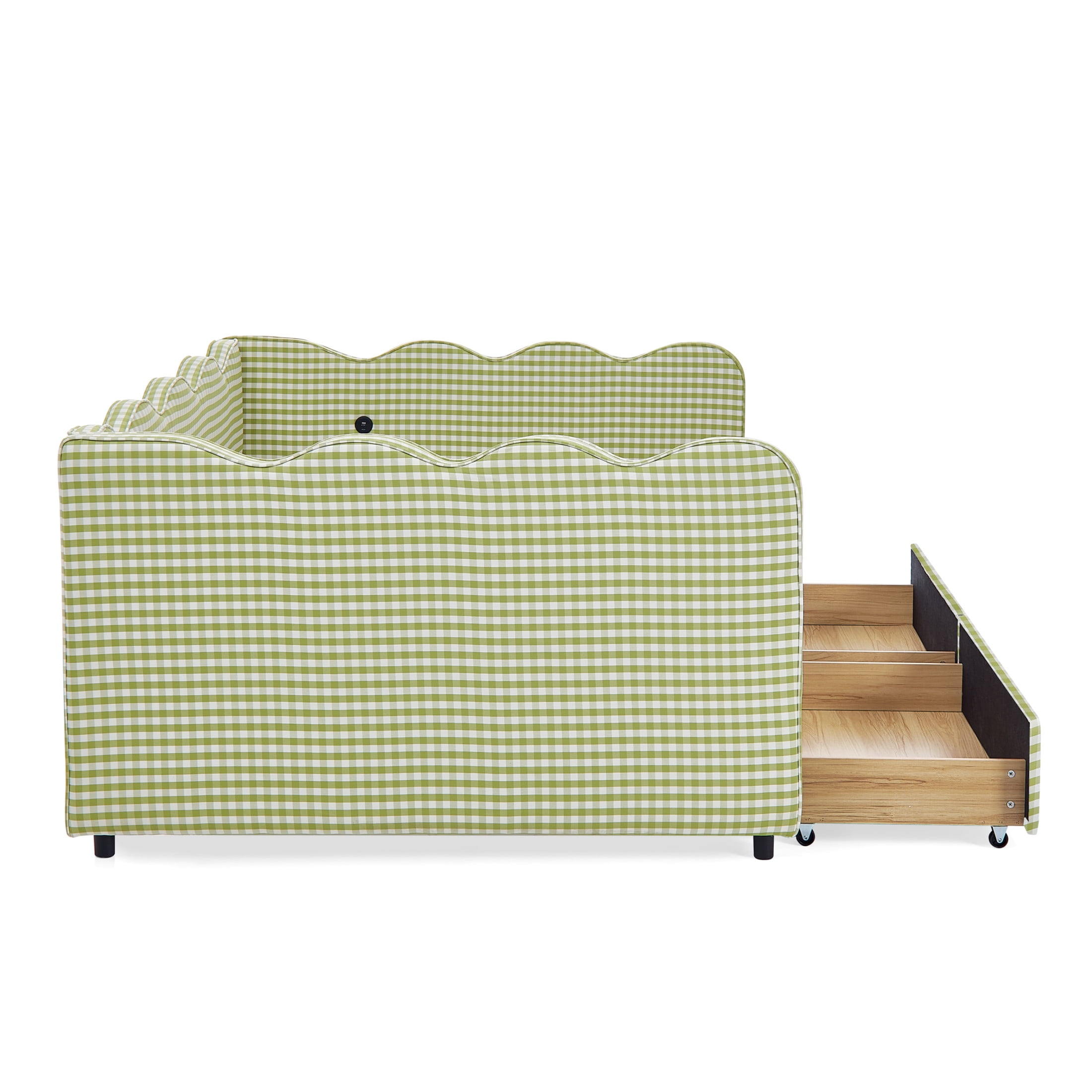 Noble House Corlan Full Size Waved Daybed, Cozy Gingham Linen Sofa Bed with Storage Drawers and Charging Port, Green