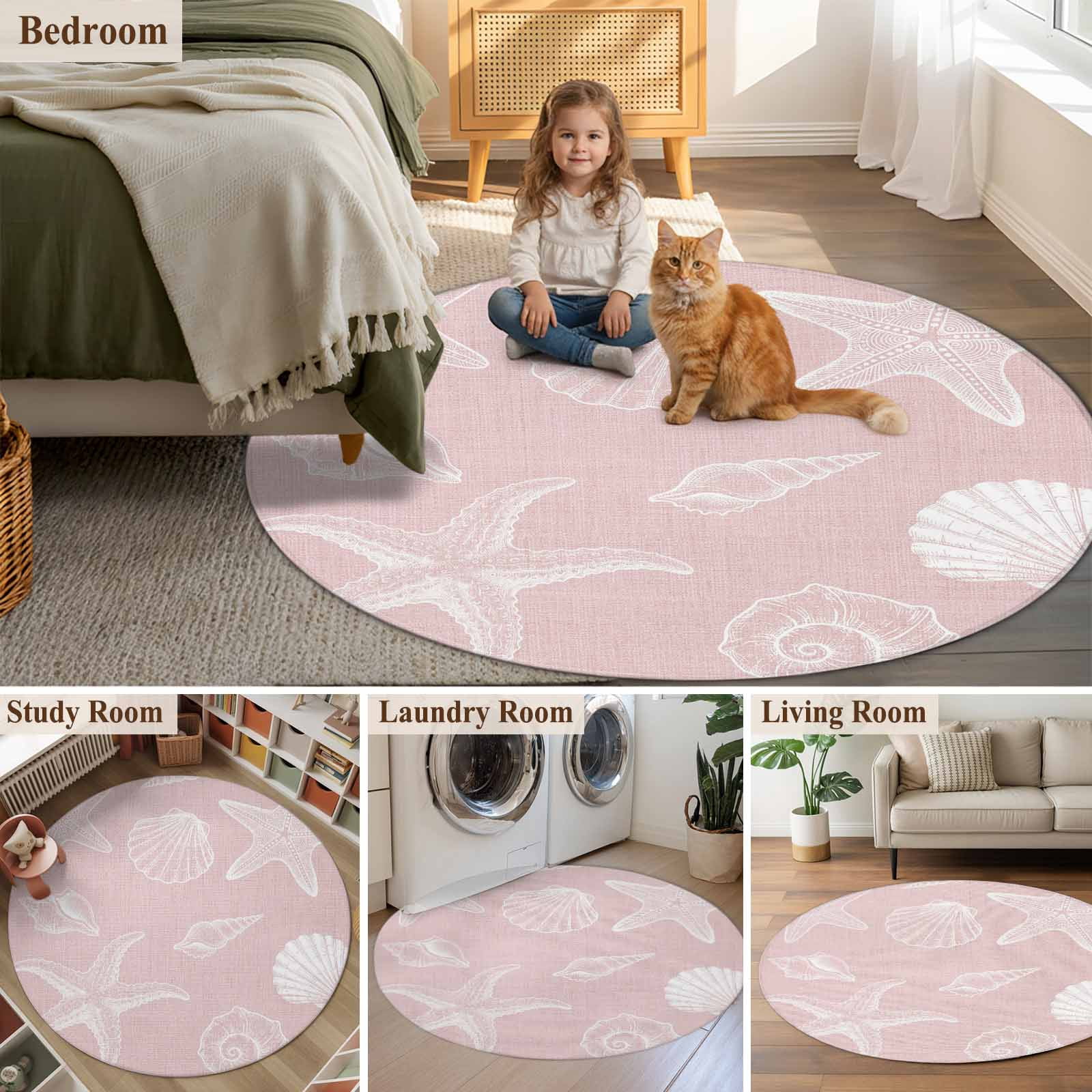 Marine Life Round Area Rug 7Ft Washable Circle Rugs for Dorm Laundry Room, Summer Ocean Starfish Conch Seashell Pink Non-Slip Carpet Floor Mats Indoor Outdoor Carpet Runner Aesthetic Home Decor