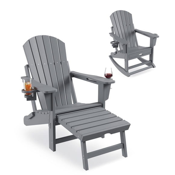 Adirondack Rocking Chair Plegable para Exteriores con Otomana Retráctil y Portavasos Dobles – Tumbona de Patio de HDPE Resistente para Todo Clima para Terraza, Porche O Césped – Gris