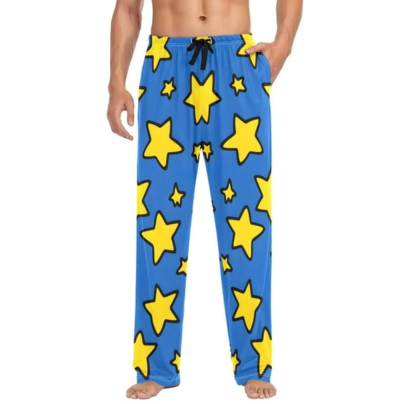 Cotton Mens PJ Pajama Pants Bottoms Waistband Sleepwear with Pockets Cartoon Yellow Star