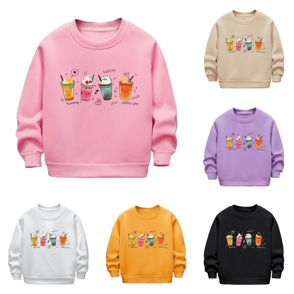 Byoo Little Girl's Trendy Crewneck Sweatshirt Long Sleeve Drink Cup Cartoon Graphic Pullover Outdoor Casual Top,Pink