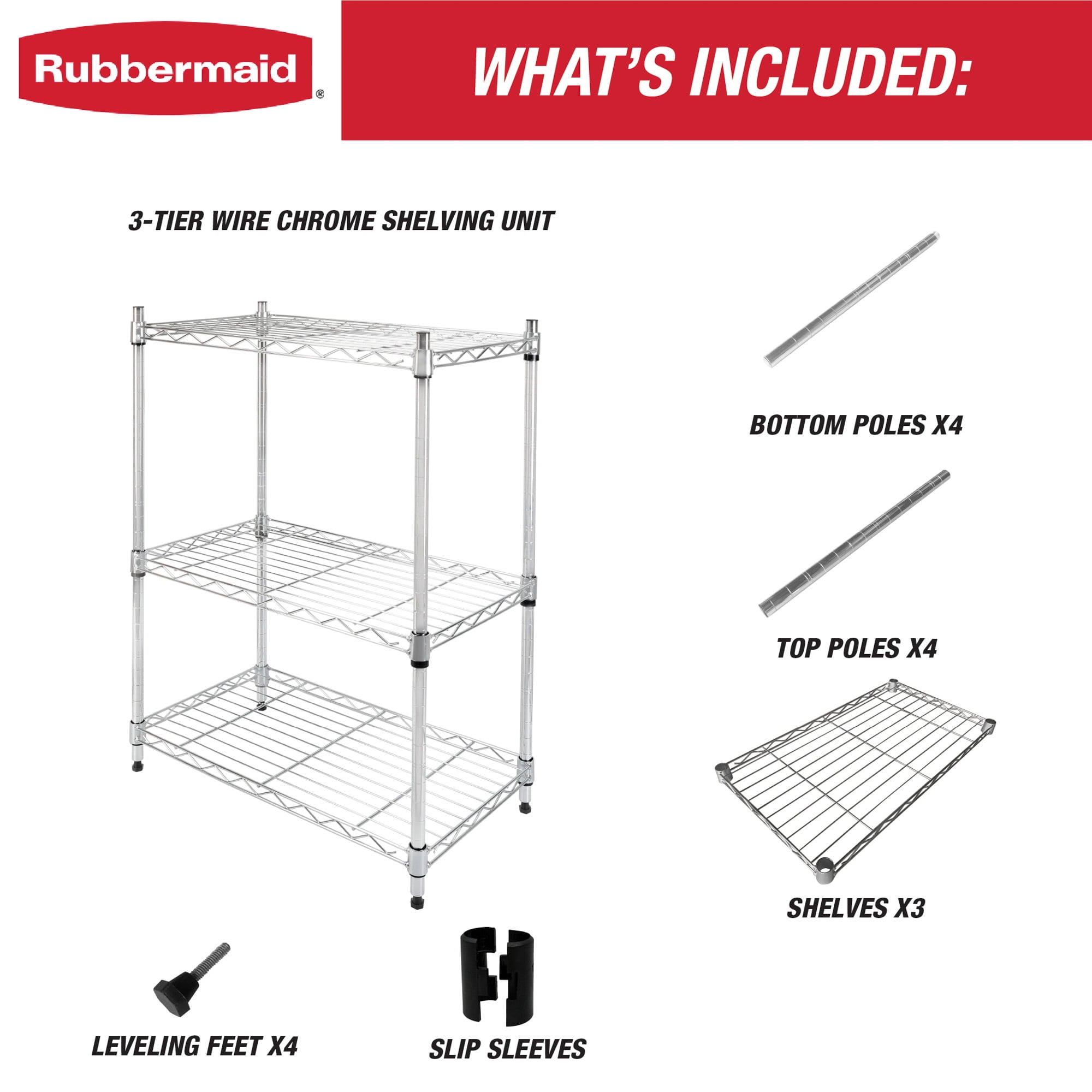 Rubbermaid 3-Tier Heavy Duty Chrome Wire Shelving Unit, 450lb Capacity