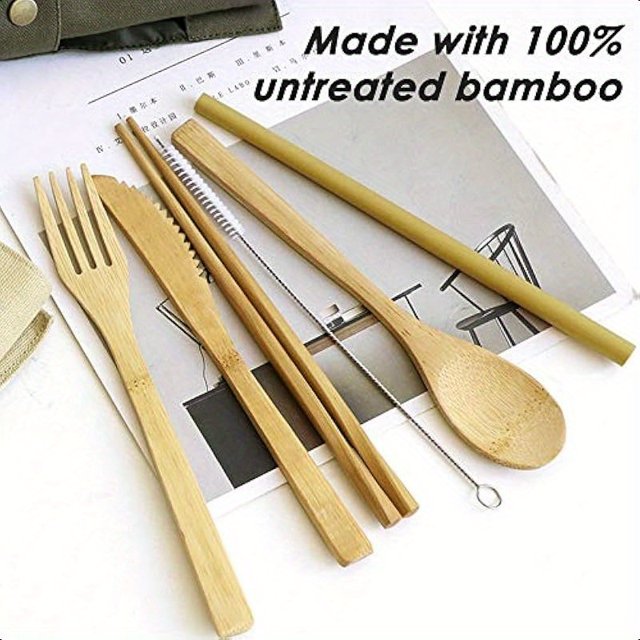 QUTETN Set of 2 Bamboo Utensils Cutlery Reusable Cutlery Travel Set Bamboo Spoon Fork Knife Brush Chopsticks and Straw Portable Utensils With Case