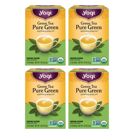 Yogi Tea Green Tea Pure Green, Organic Tea, Wellness Tea Bags, 4 Boxes of 16