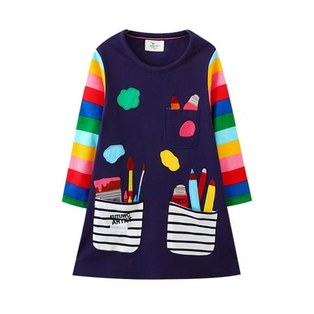 

Little Girls Dress Kids Crew Neck Long Sleeves Cartoon Printed Casual Beach Printed Party Dress Kids Baby Sweet Sundress Outwear Leisure Dailywear