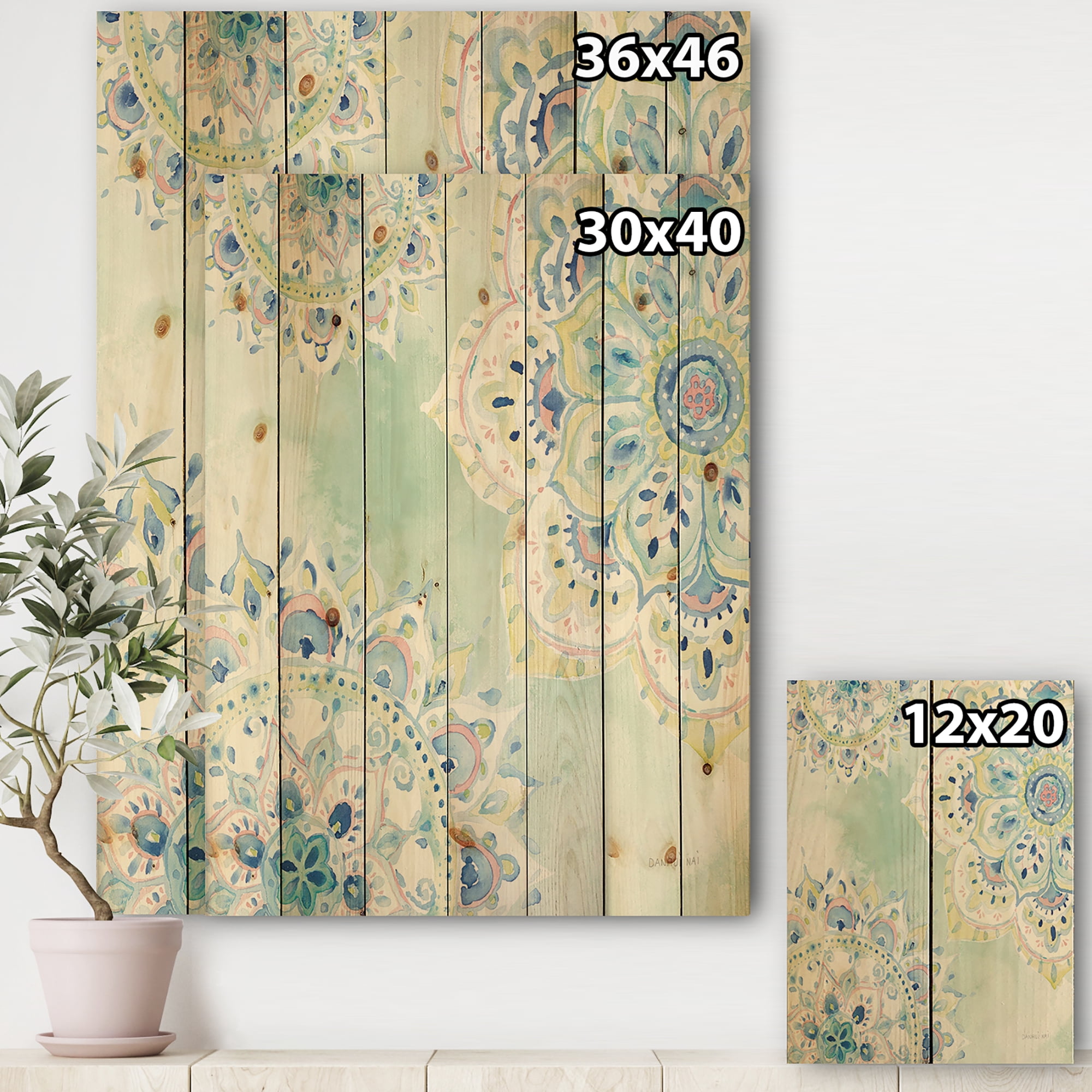 Designart 'Watercolor mandalas IV' Floral & Botanical Print on Natural Pine Wood