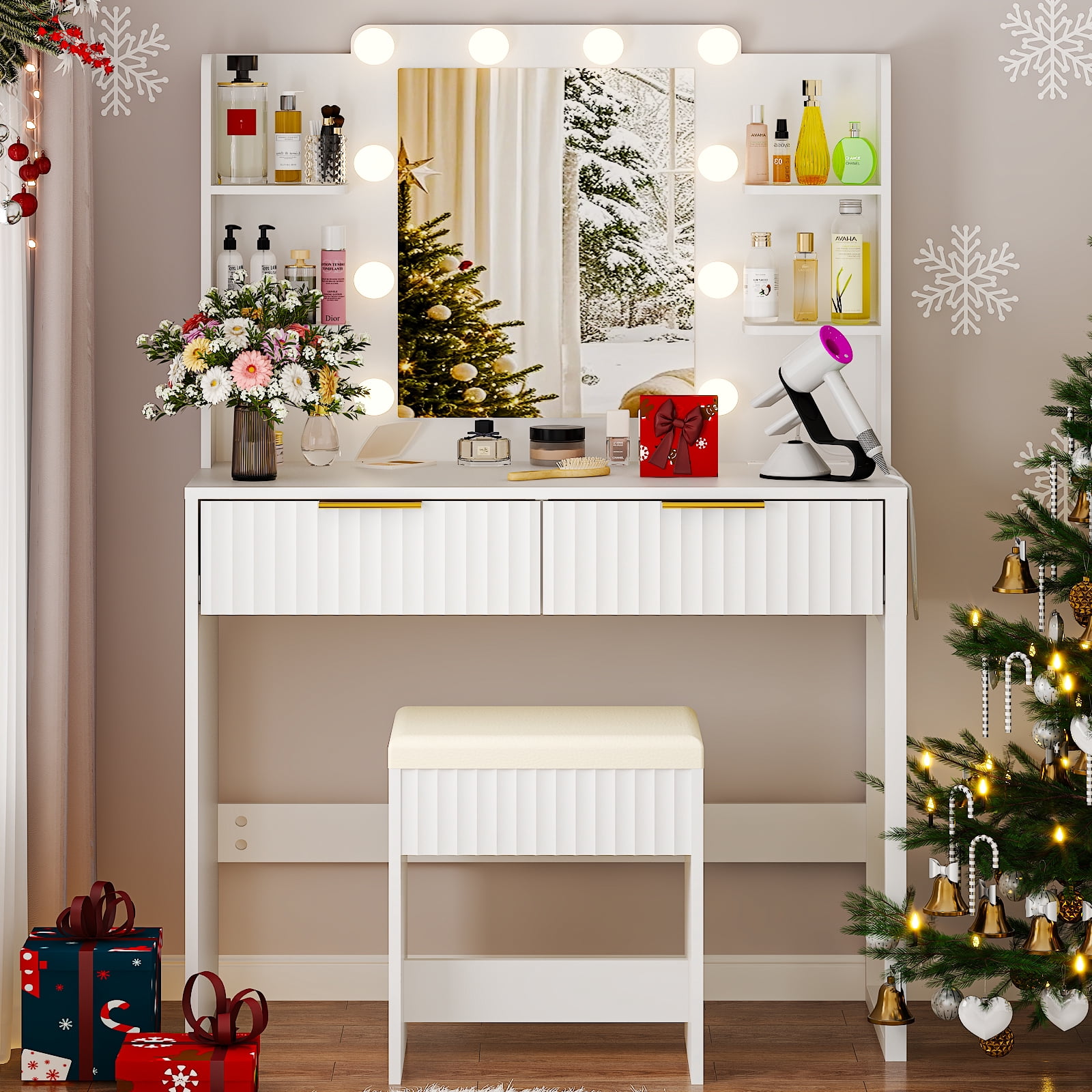 Ktaxon Lighted Makeup Vanity and Stool, White Vanity Table Set with 2 Drawer and Charging Station, Femal Gift