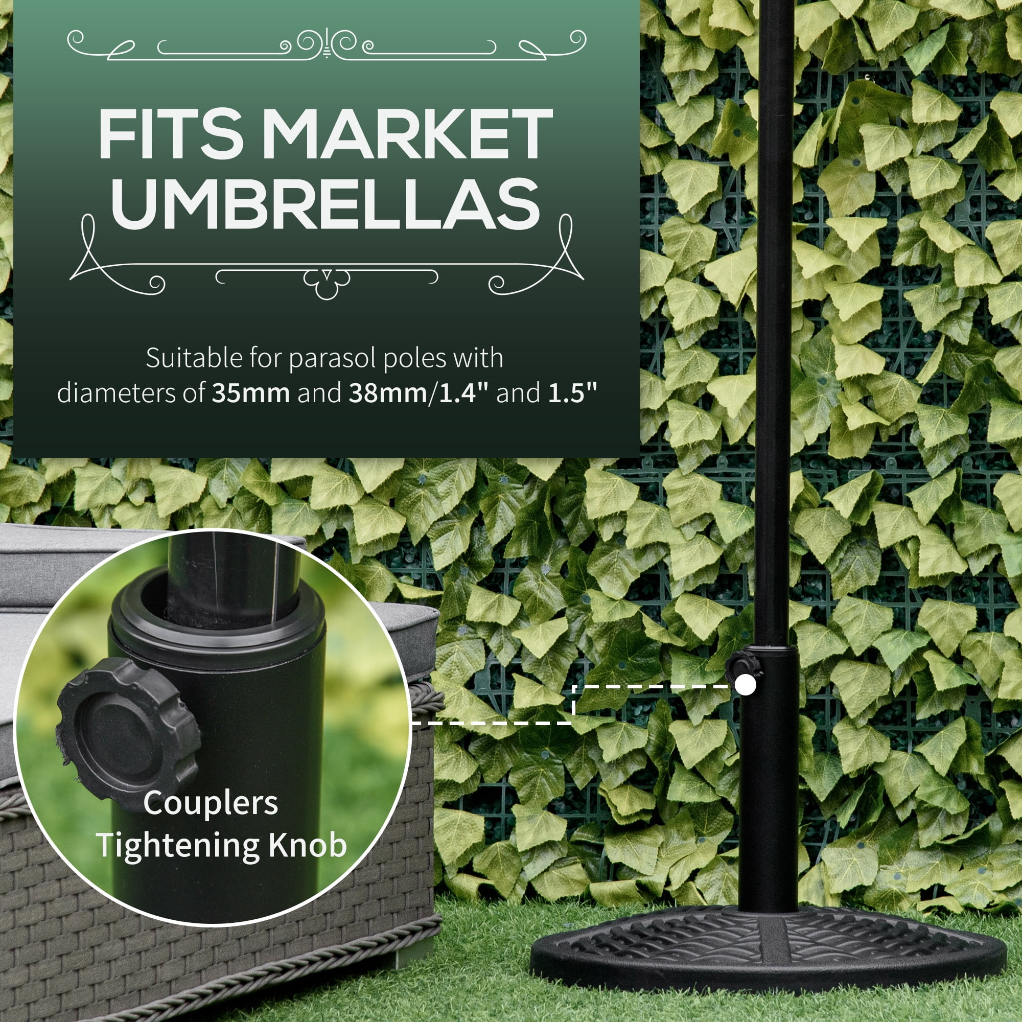 Outsunny 30 lbs. Market Umbrella Base Holder 18" Heavy Duty Round Parasol Stand with Rattan Design for Patio, Black